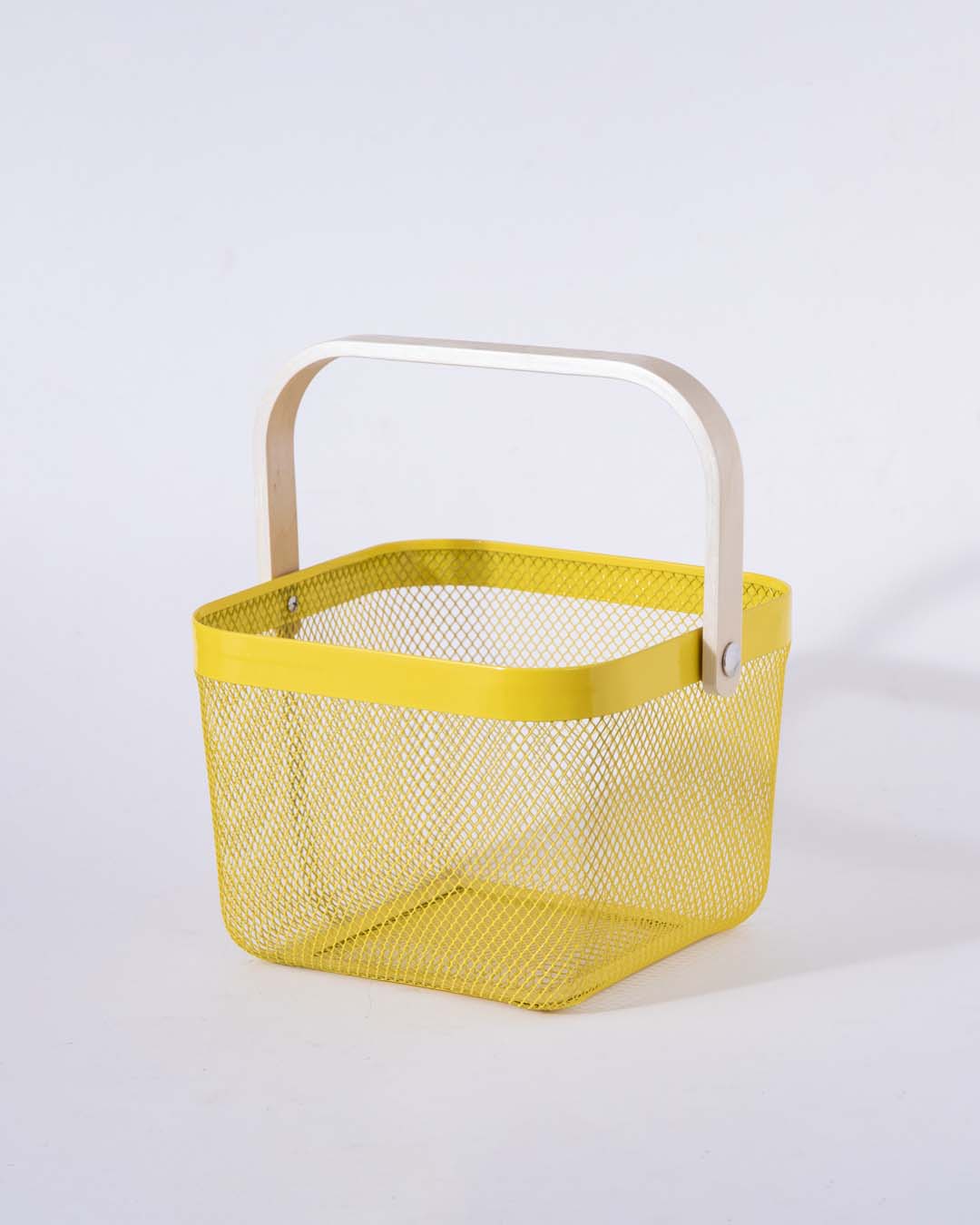 BowLift | Square Metal Storage Basket with Wooden Handle - Yellow - Set of 2