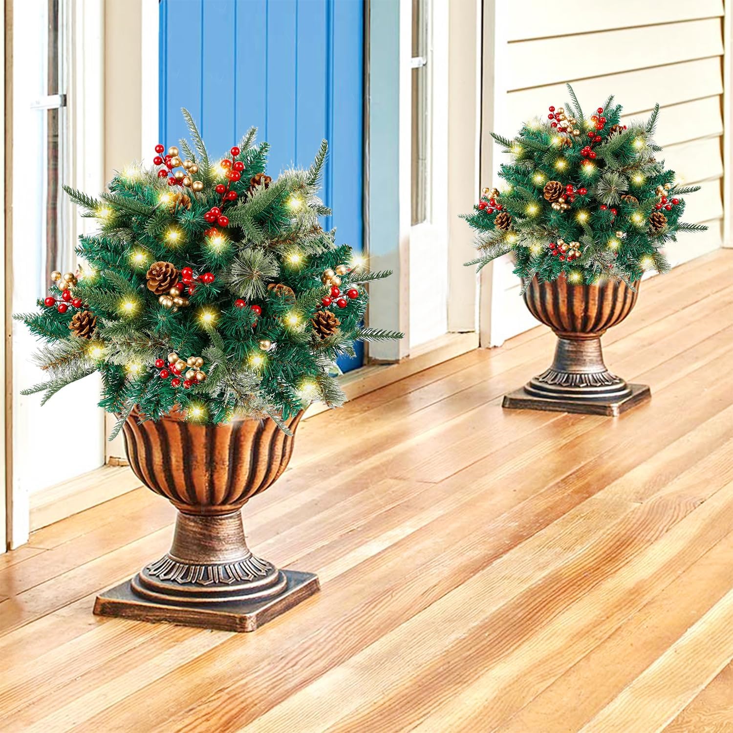 BowLift | Christmas Urn Filler with LED Lights | 18" Realistic Pine Arrangement | Indoor/Outdoor Decor