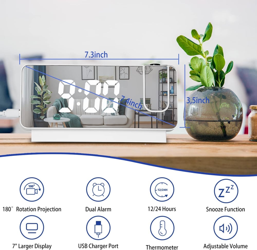 BowLift | Projection Alarm Clock | LED Display with Mirror Surface | Dual Alarms & Temperature | 19cm