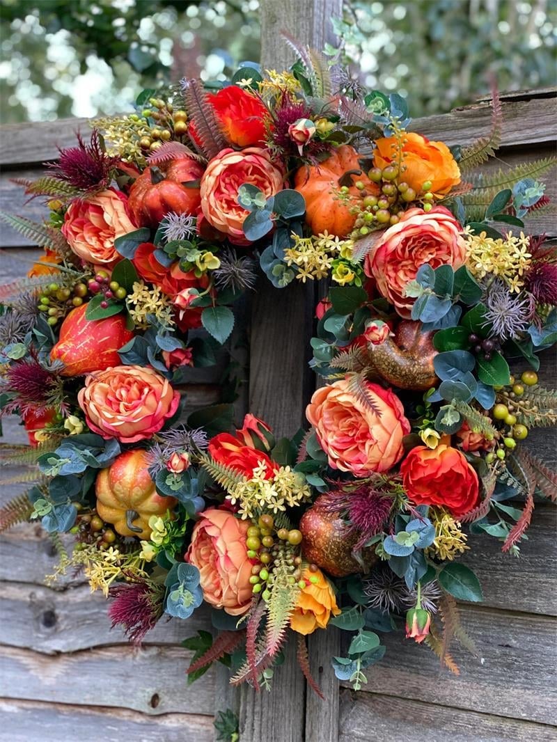 BowLift | Autumn Door Wreath | Rustic Peony & Pumpkin Design | Handcrafted Fall Decoration