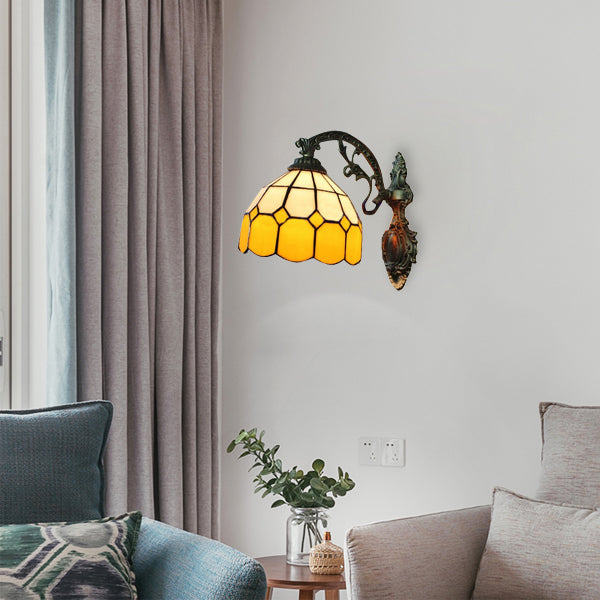 BowLift | 1 Light Mini Wall Lamp with Curved Arm Yellow Glass Shade Bedroom Wall Lighting