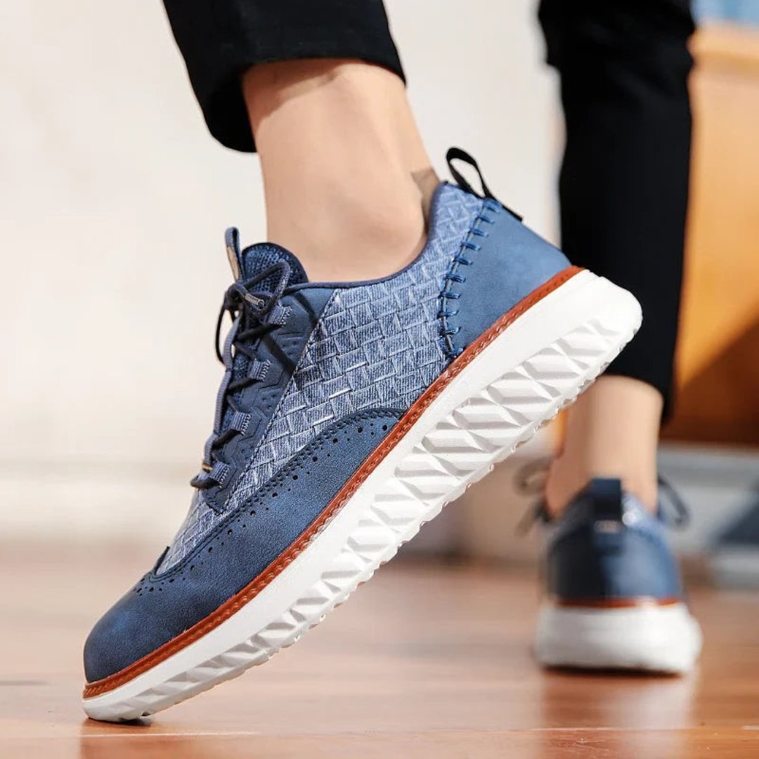 Woven Leather Sneakers with Brogue Detailing and Contrast Sole