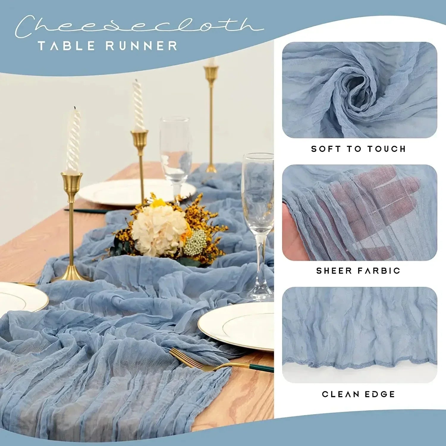 BowLift | 10 pieces voile cheese cloth table runner semi-transparent gauze dining table decoration for wedding party, wedding arch draping cloth