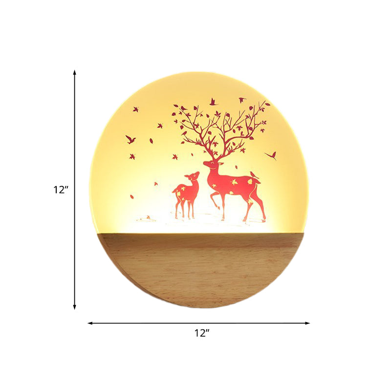 BowLift | LED Bedroom Wall Mounted Wall Lamp Nordic Wood Wall Light with Deer/Bird Pattern Round Acrylic Shade