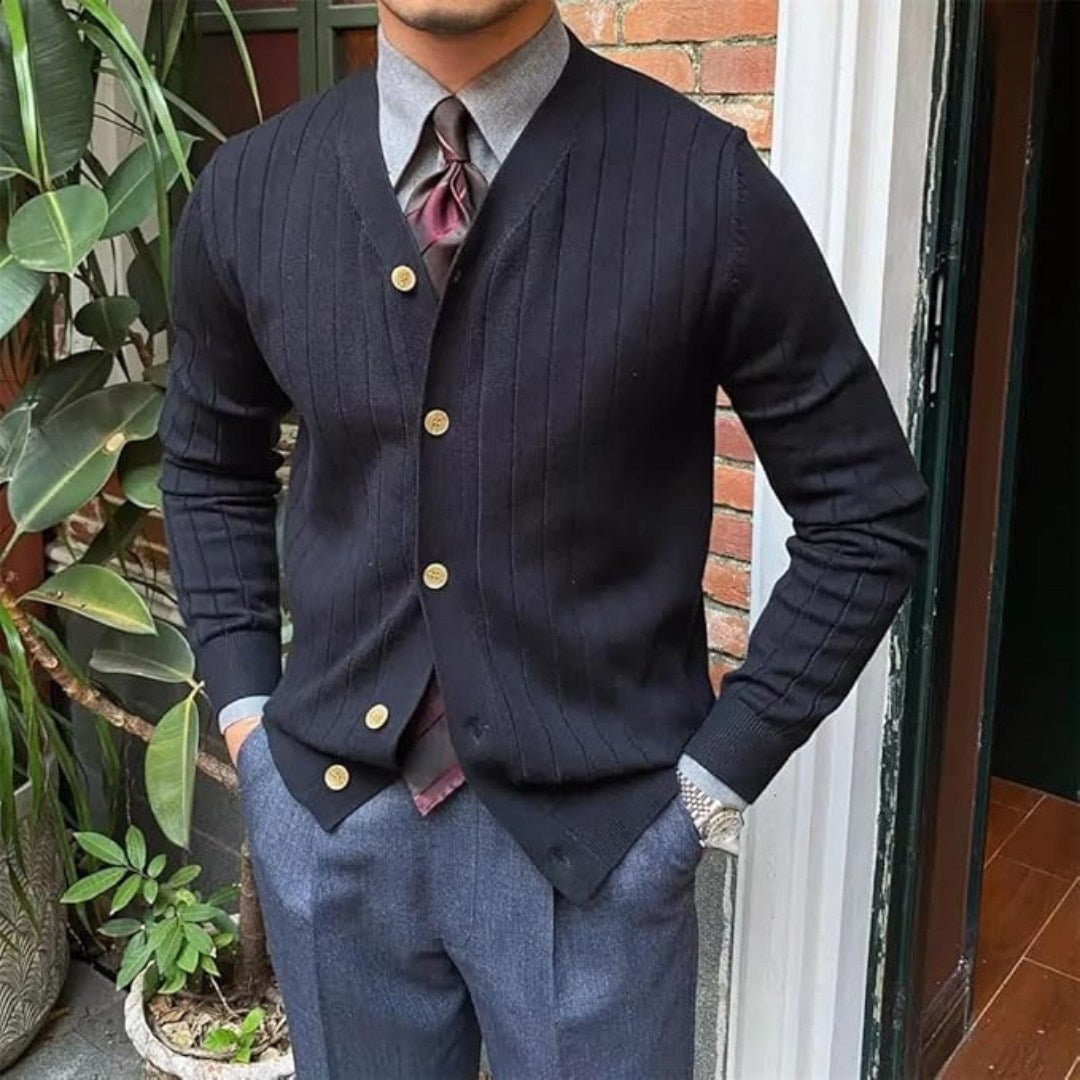 Pleated Cardigan with Brass Button Detail