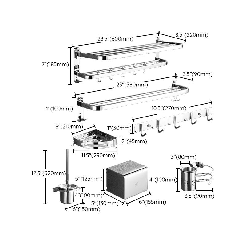 BowLift | Polished Chrome Bathroom Accessories Set made of Stainless Steel with Bathroom Shelf/Bathrobe Hook/Towel Bar