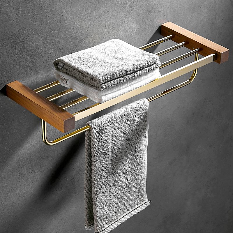 BowLift | Polished Brass Bathroom Hardware Set Metal & Wood Bathroom Set with Bath Shelf/Towel Bar