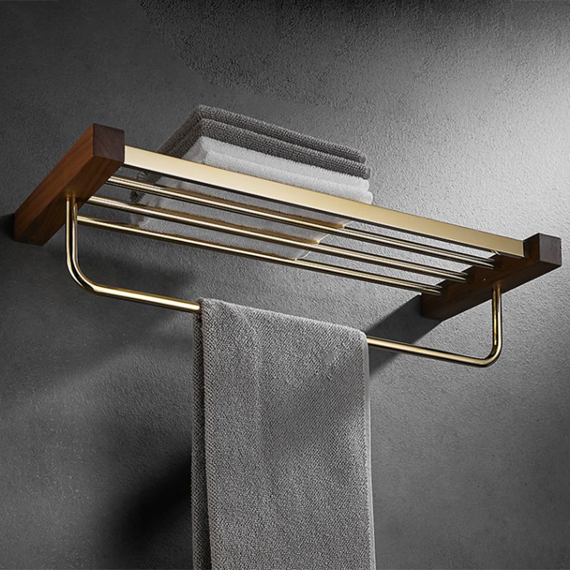 BowLift | Polished Brass Bathroom Hardware Set Metal & Wood Bathroom Set with Bath Shelf/Towel Bar