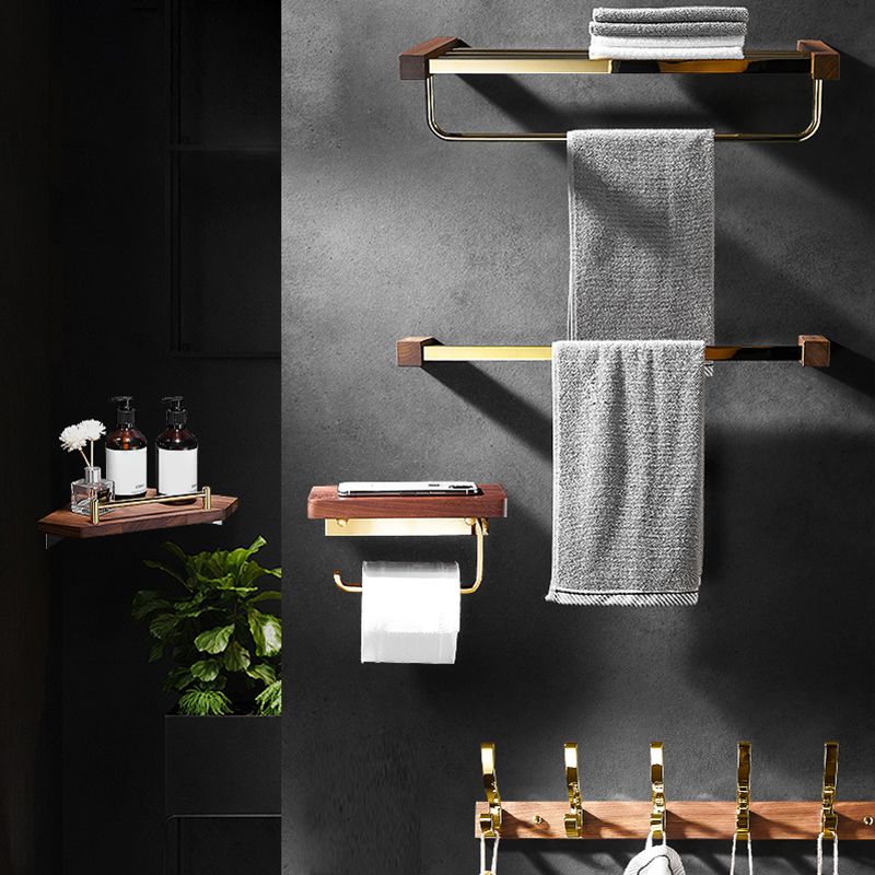 BowLift | Polished Brass Bathroom Hardware Set Metal & Wood Bathroom Set with Bath Shelf/Towel Bar