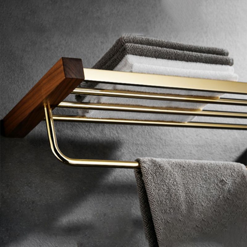 BowLift | Polished Brass Bathroom Hardware Set Metal & Wood Bathroom Set with Bath Shelf/Towel Bar