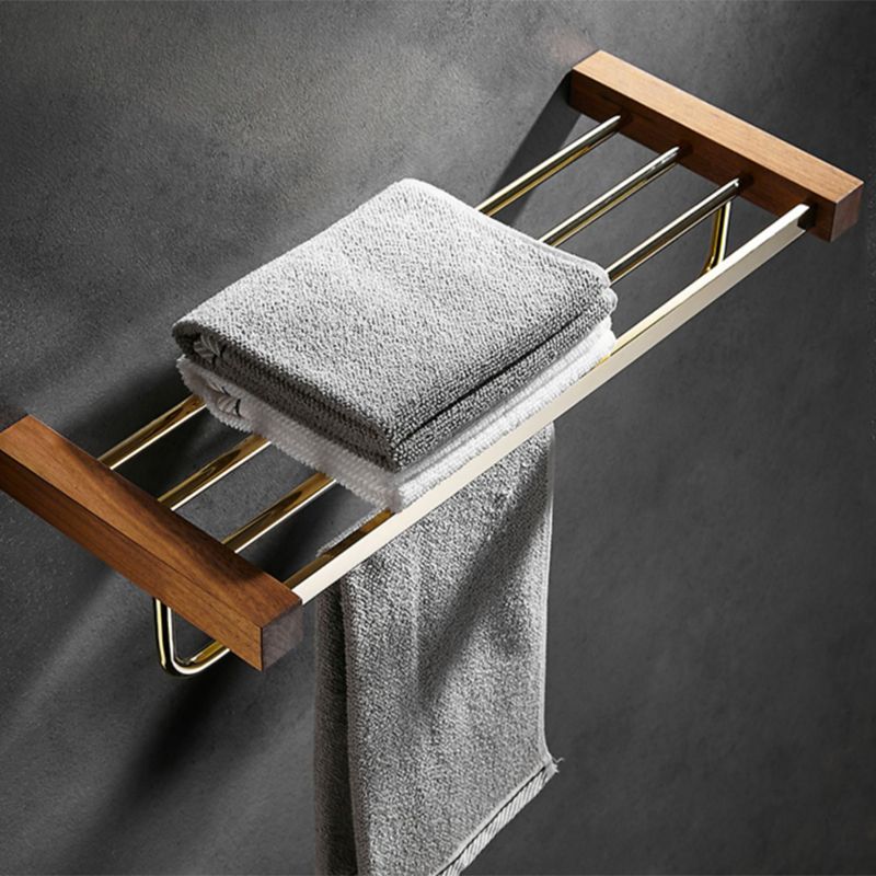 BowLift | Polished Brass Bathroom Hardware Set Metal & Wood Bathroom Set with Bath Shelf/Towel Bar
