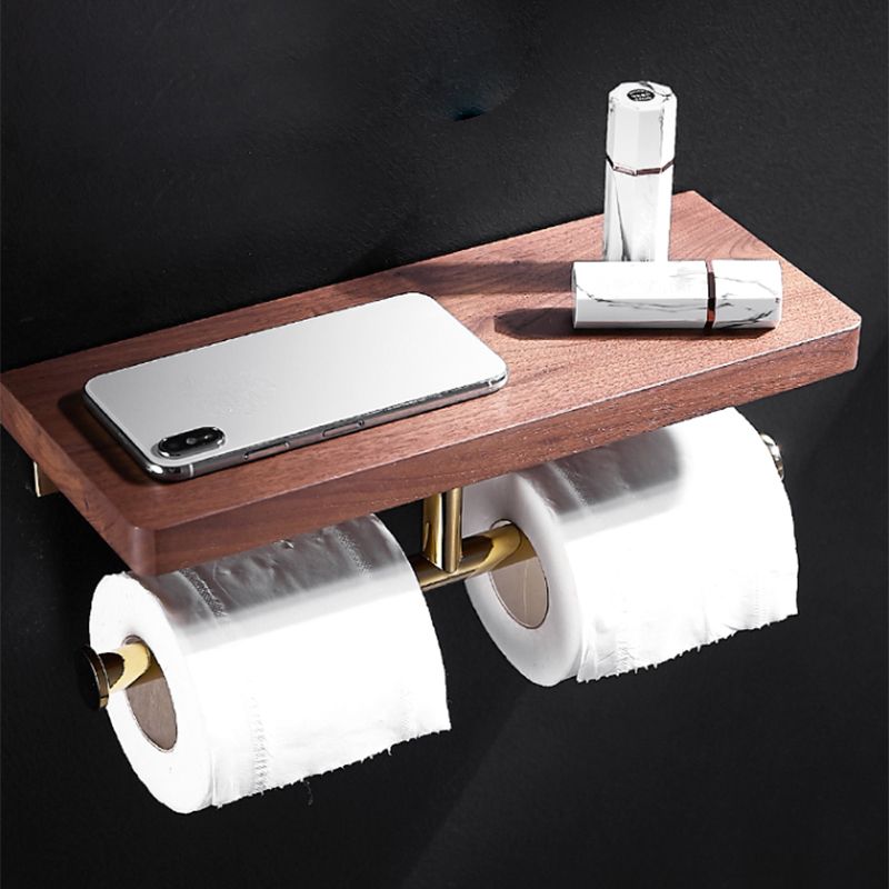 BowLift | Polished Brass Bathroom Hardware Set Metal & Wood Bathroom Set with Bath Shelf/Towel Bar