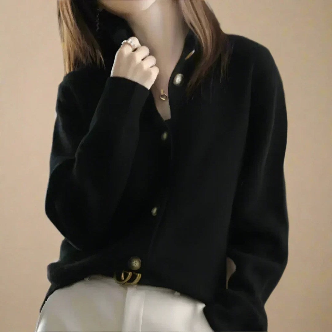 Wool Blend Cardigan with Scalloped Buttons and Stand-Up Collar
