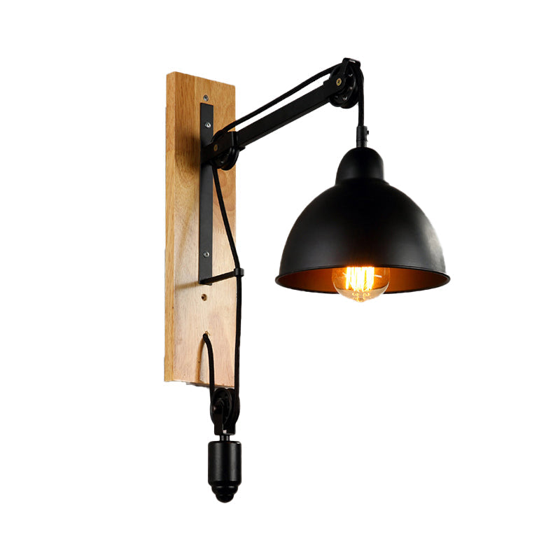 BowLift | Curved Interior Wall Mount Light Industrial Metal 1 Head Black Wall Lamp with Beige/Brown Wood Backing and Pulley