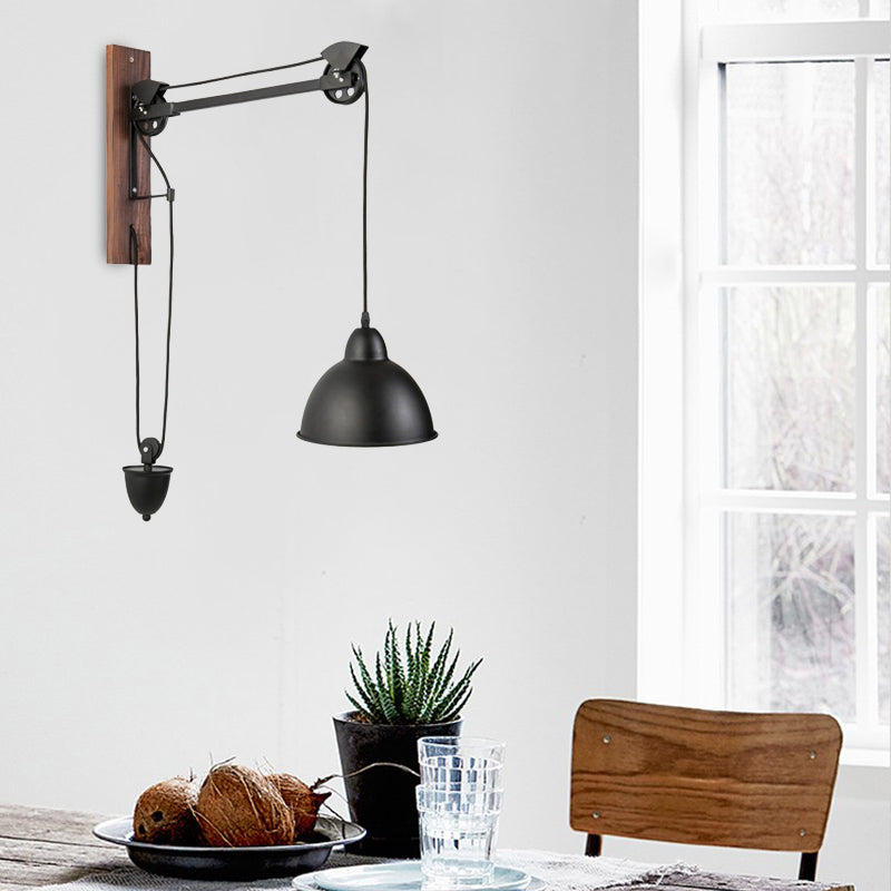 BowLift | Curved Interior Wall Mount Light Industrial Metal 1 Head Black Wall Lamp with Beige/Brown Wood Backing and Pulley