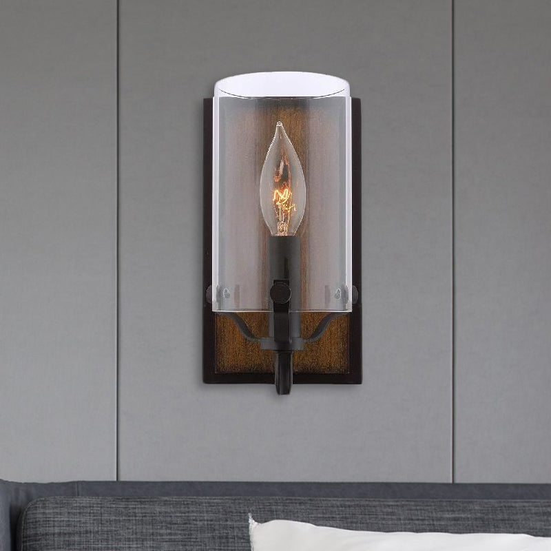 BowLift | 1 Bulb Cylinder Wall Mounted Light Industrial Brown Clear Glass Lighting with Wood Back Plate