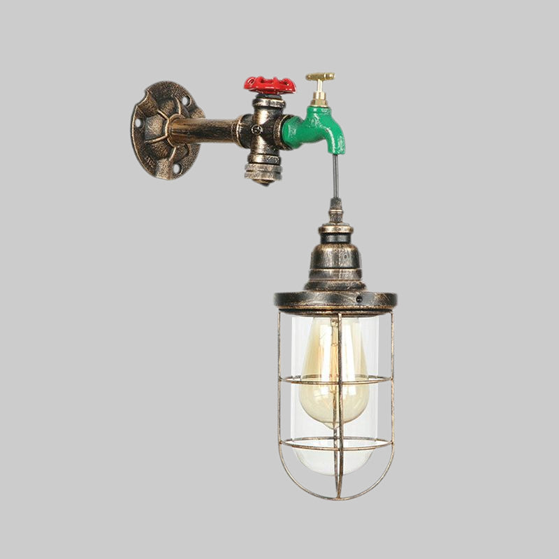 BowLift | Faucet Design Metal Wall Lamp Steampunk Style 1 Bulb Balcony Wall Light with Wire Protection in Antique Bronze