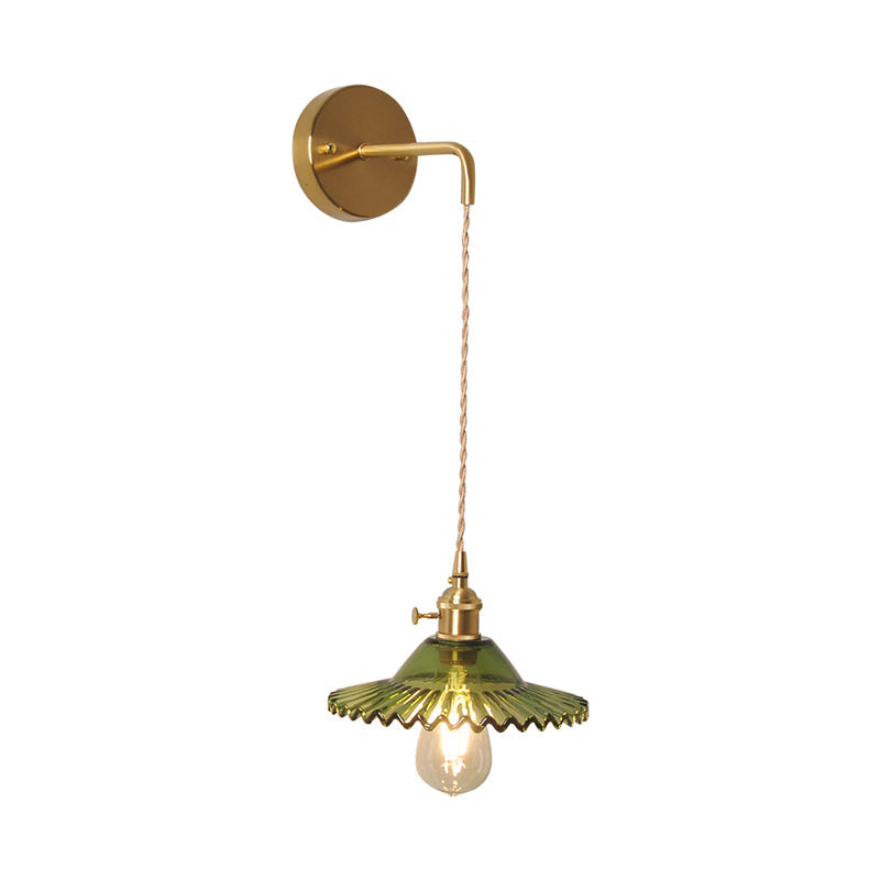 BowLift | Green glass wavy wall lamp industrial 1 light living room lighting fixture in brass