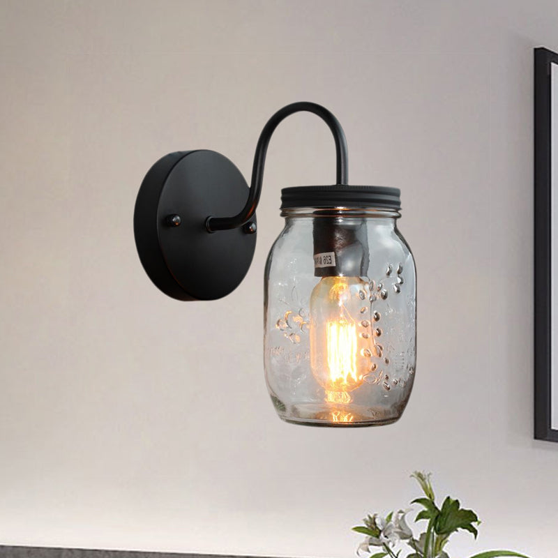 BowLift | Black Jar Shade Wall Lighting Industrial Clear Glass 1 Light Bedroom Wall Lamp with Floral Pattern