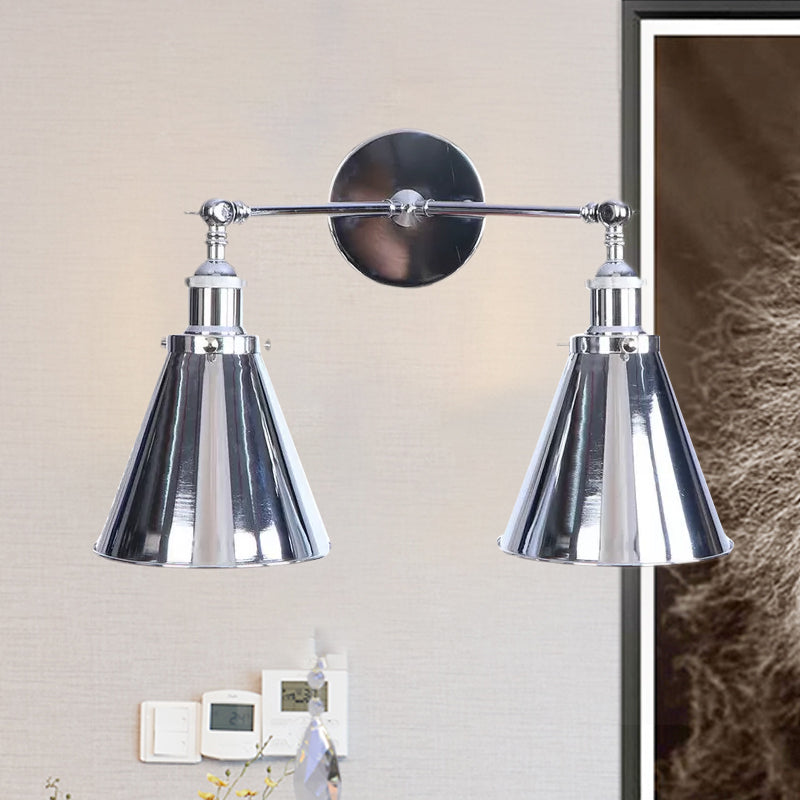 BowLift | Polished Chrome Conic Wall Mount Fixture Retro Style Iron 2 Lights Dining Room Wall Mount Light