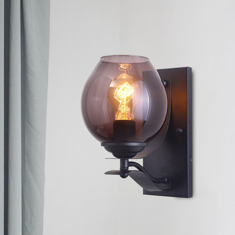 BowLift | A light wall lamp with ball shade gray glass industrial café lighting fixture in black