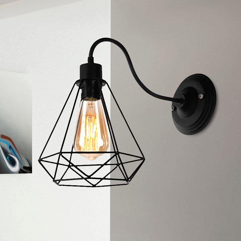 BowLift | Black 1 Light Wall Lamp Retro Style Metal Diamond/Star Wall Light with Cage Shade for Café
