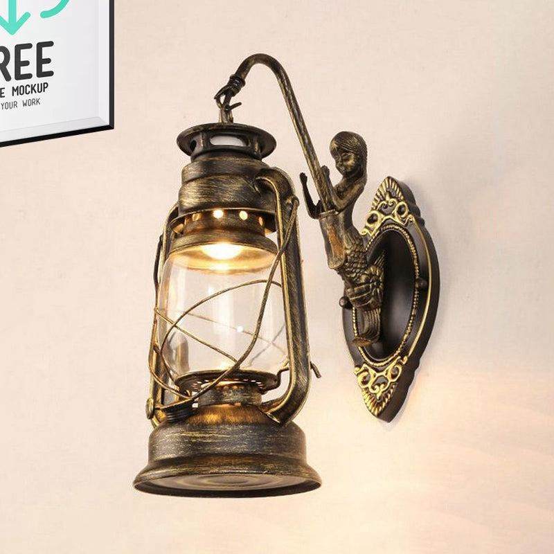 BowLift | One Bulb Wall Lamp with Lantern Shade Clear Glass Coast Bedroom Wall Lamp in Black/Antique Brass/Aged Copper with Mermaid