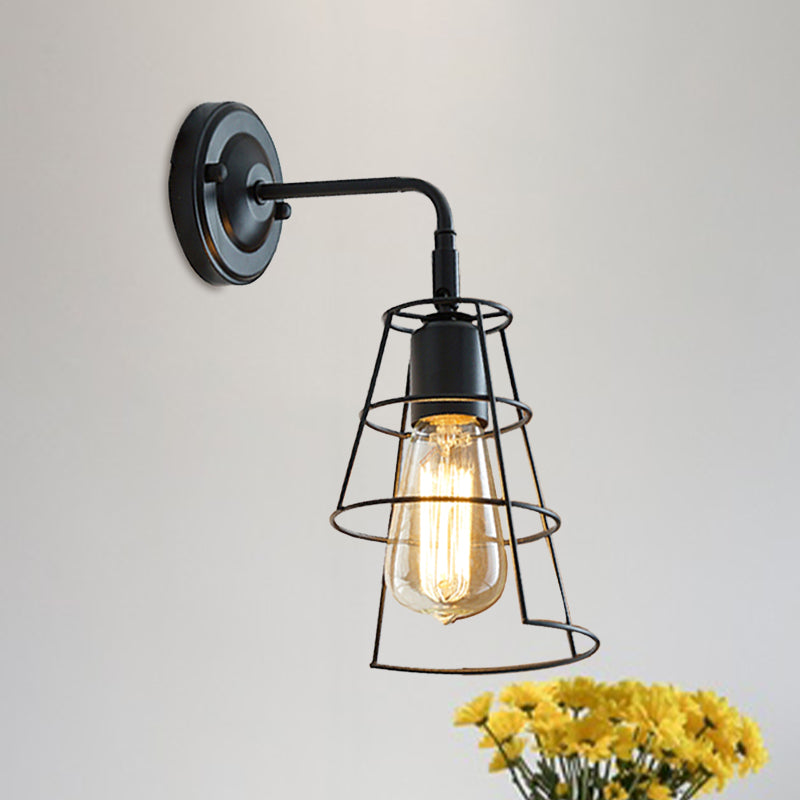 BowLift | Vintage Style Conic Cage Wall Lamp with Curved Arm 1 Light Metal Wall Lamp in Black/White