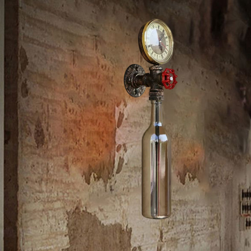 BowLift | Brown/Blue Bottle Wall Sconce Lamp Vintage Stylish Glass 1 Bulb Living Room Wall Lighting with Manometer and Valve