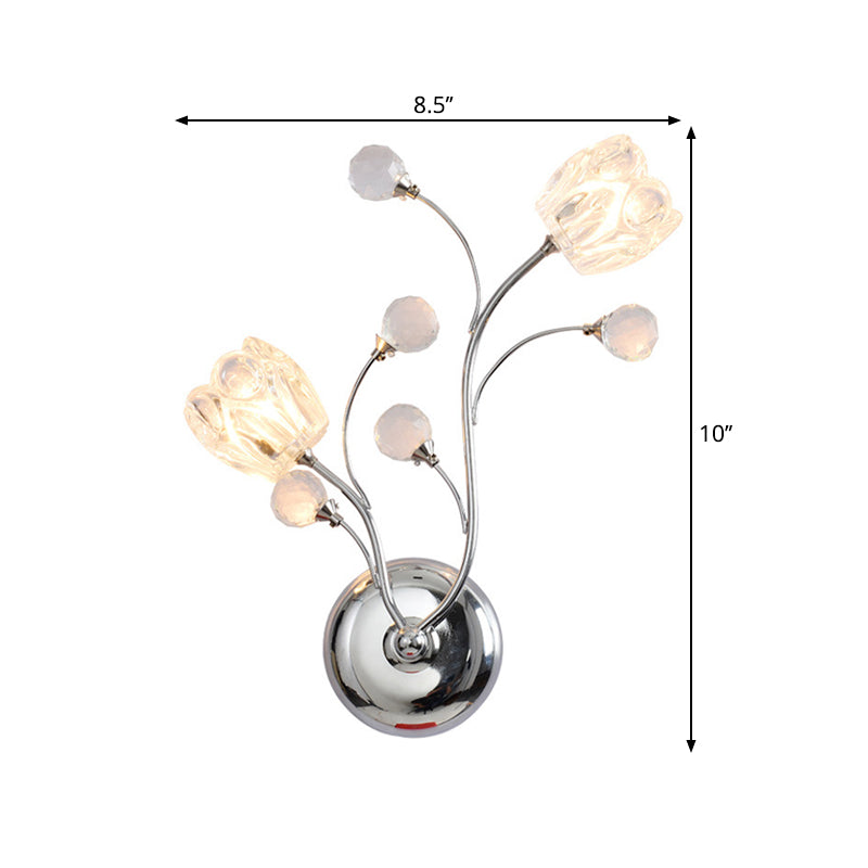 BowLift | Clear Cut Crystal Balls Chrome Wall Lamp Rotating Arm 2 Lights Modern Surface Wall Sconces with Flower Shade