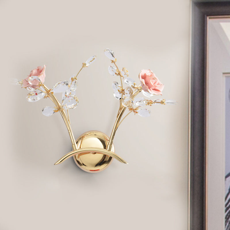 BowLift | Branches Hall Wall Light Contemporary Clear Crystal Raindrops 2 Heads Gold Wall Mount Lamp with Rose Design
