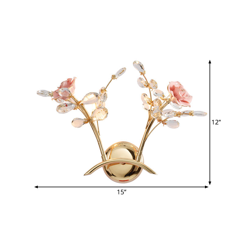 BowLift | Branches Hall Wall Light Contemporary Clear Crystal Raindrops 2 Heads Gold Wall Mount Lamp with Rose Design