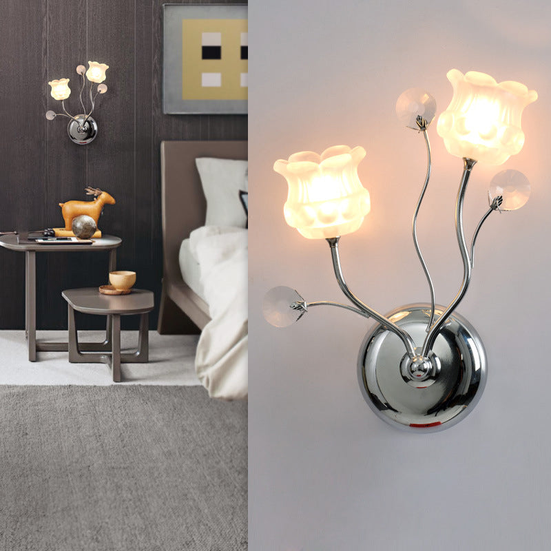 BowLift | Clear Crystal Orbs Chrome Wall Light Scrolling Arm 2 Bulbs Modern Wall Lighting with Bloom Shade