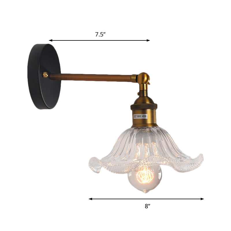 BowLift | Clear Ribbed Glass Cone/Flower Wall Lamp Industrial 1 Light Living Room Lighting Fixture in Brass for Dining Room