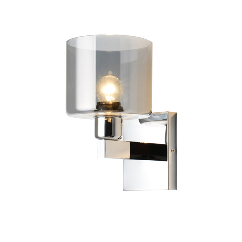 BowLift | Cylindrical gray glass wall lamp modernist 1 light chrome wall light with 1 switch/2 switches/no switch