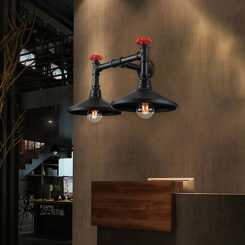 BowLift | Industrial Cone Wall Lamp with Raw Valve 2 Heads Metal Wall Light in Black for Hallway