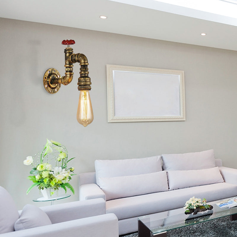 BowLift | Antique Brass Faucet Form Wall Sconce with Valve Industrial 1 Light Living Room Wall Mount Light