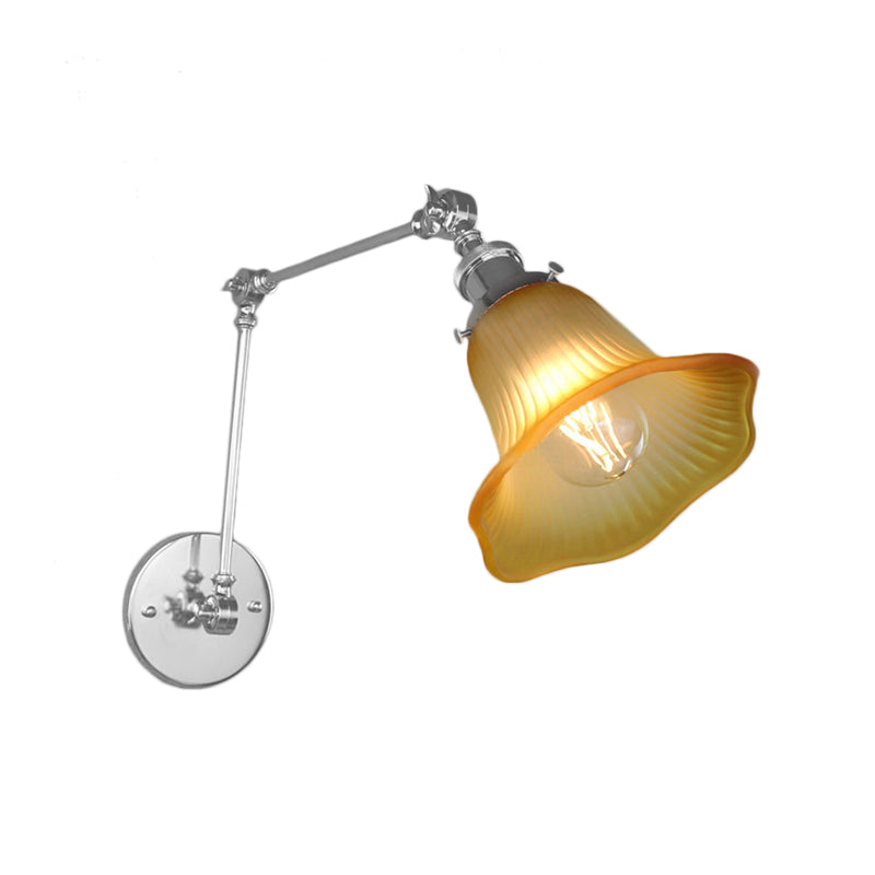 BowLift | 1 Light Flare Wall Light Fixture Industrial Design Chrome Amber Textured Glass Wall Lamp for Bedroom