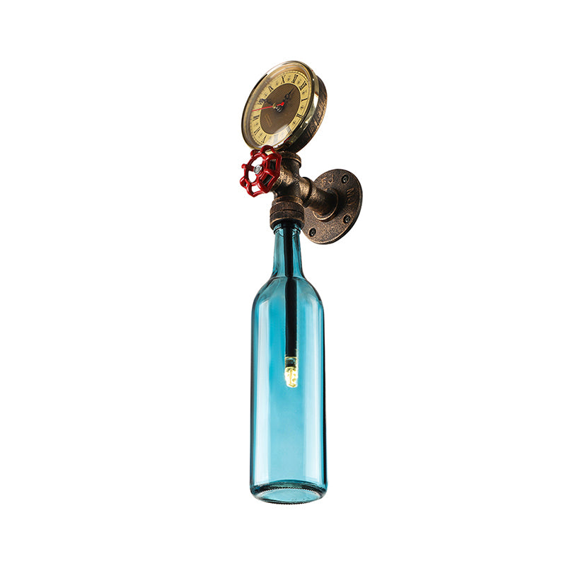 BowLift | Brown/Blue Bottle Wall Sconce Lamp Vintage Stylish Glass 1 Bulb Living Room Wall Lighting with Manometer and Valve