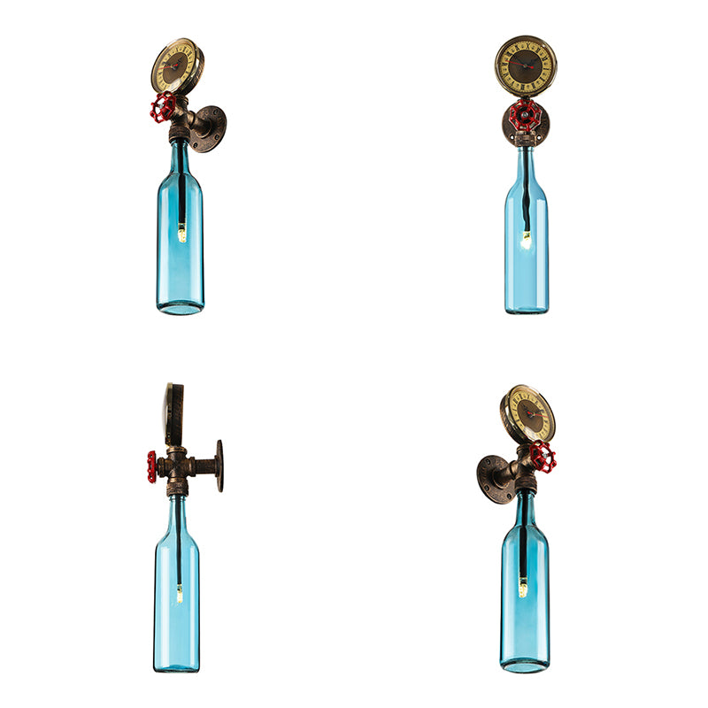 BowLift | Brown/Blue Bottle Wall Sconce Lamp Vintage Stylish Glass 1 Bulb Living Room Wall Lighting with Manometer and Valve