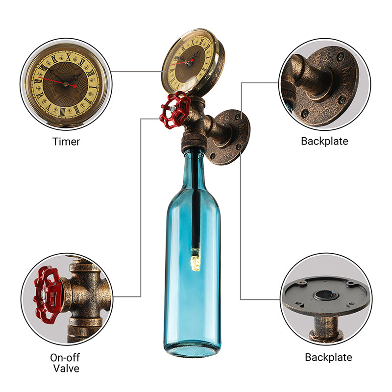 BowLift | Brown/Blue Bottle Wall Sconce Lamp Vintage Stylish Glass 1 Bulb Living Room Wall Lighting with Manometer and Valve