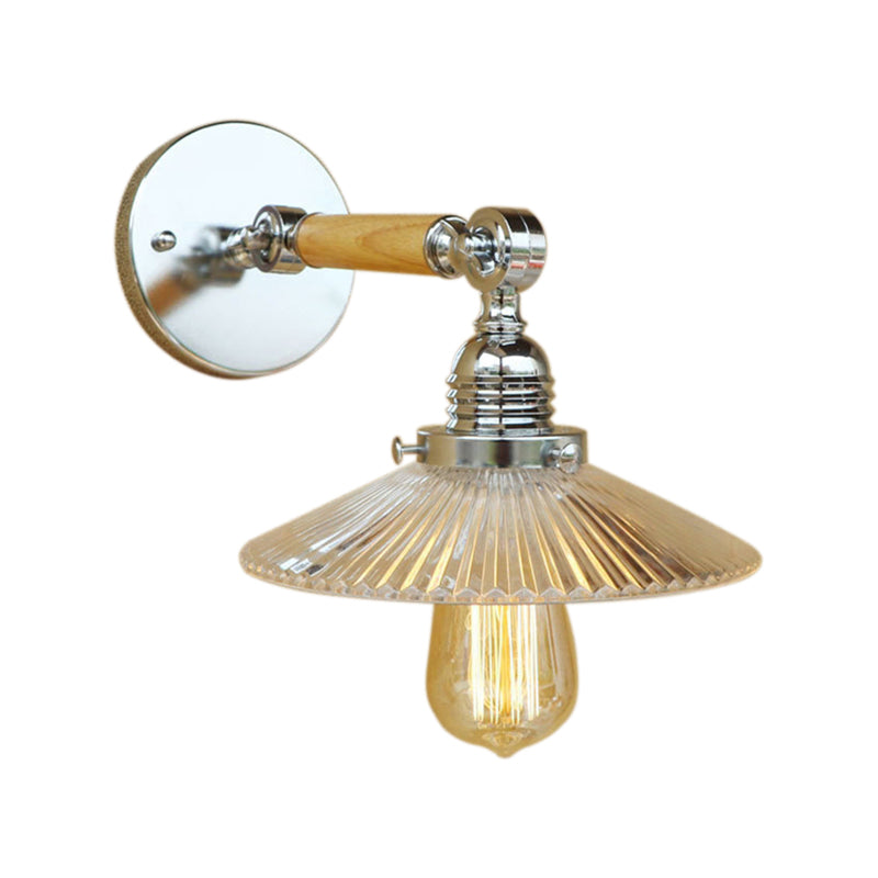 BowLift | 1 Light Clear Ribbed Glass Wall Sconce Light Industrial Chrome Cone Living Room Lighting Fixture, 8"/4"/6" Width Wood Arm