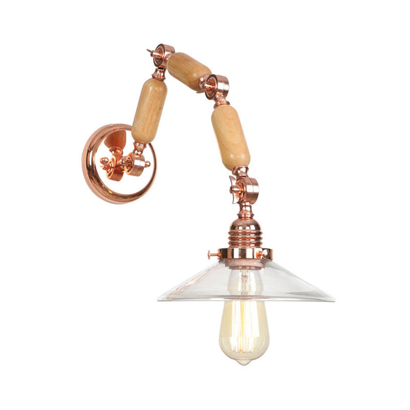 BowLift | Cone-shaped Clear Glass Wall Lamp Vintage Single Bulb Living Room Sconces Light in Rose Gold with Arm