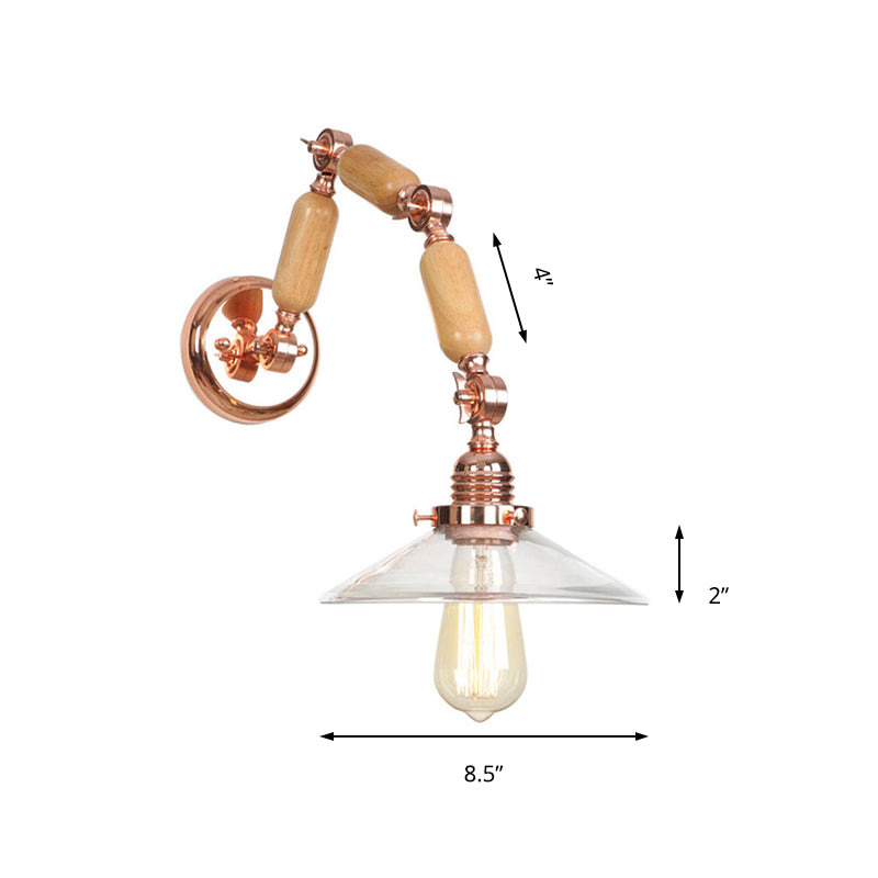 BowLift | Cone-shaped Clear Glass Wall Lamp Vintage Single Bulb Living Room Sconces Light in Rose Gold with Arm