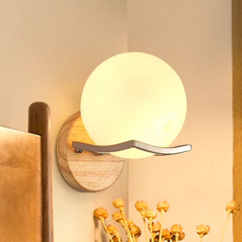 BowLift | Globe Bedroom Wall Light Nordic Opal Glass Single Light Wooden Wall Lamp
