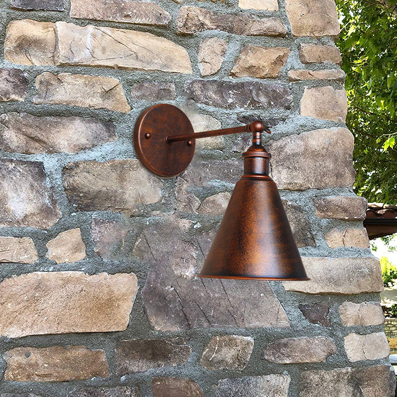 BowLift | Black/Rust 1 Head Wall Lamp Farmhouse Style Wrought Iron Conical Adjustable Wall Light Fixture for Outdoor