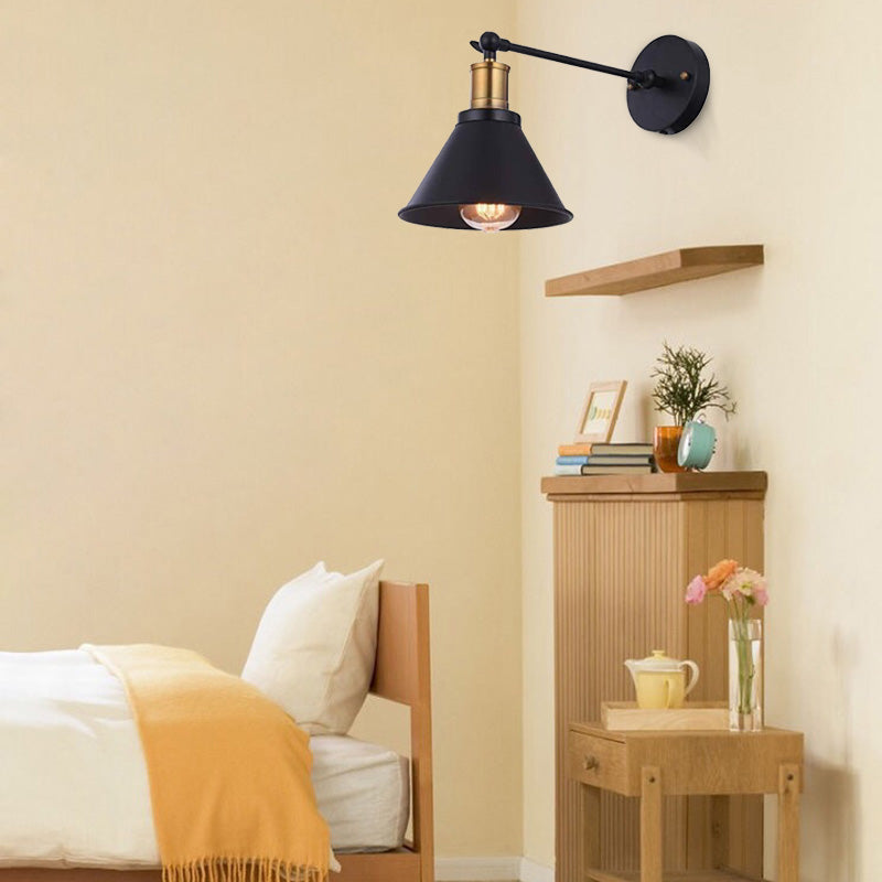 BowLift | Black 1 Light Wall Lamp Lighting Industrial Metal Cone Light Fixture for Bedroom