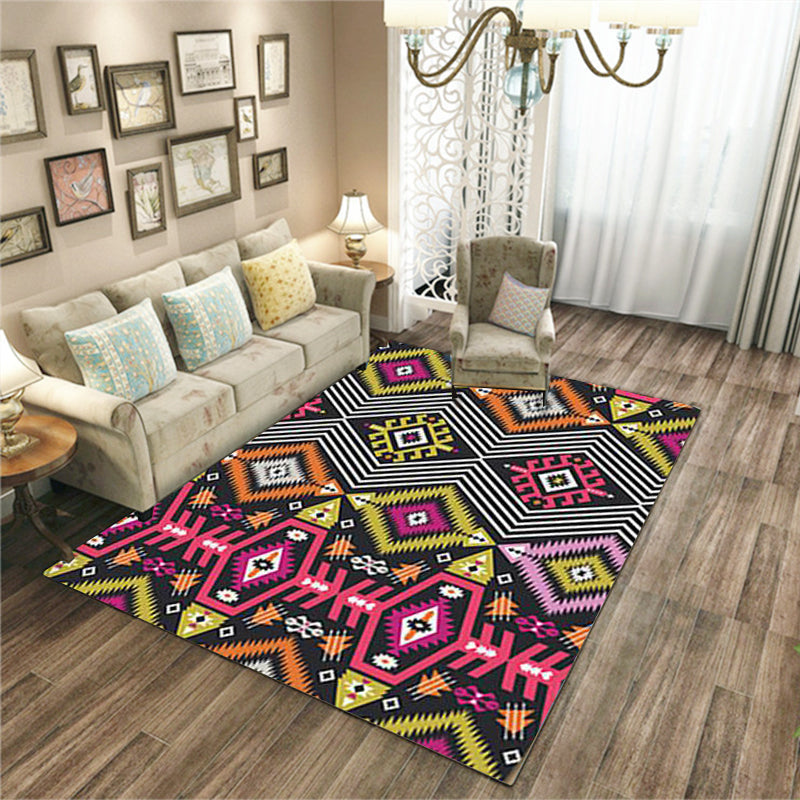 BowLift | Yellow Pink Ancestral Diamond Carpet with Tribal Symbols Polyester Washable Pet-Friendly Area Rug for Fireplace