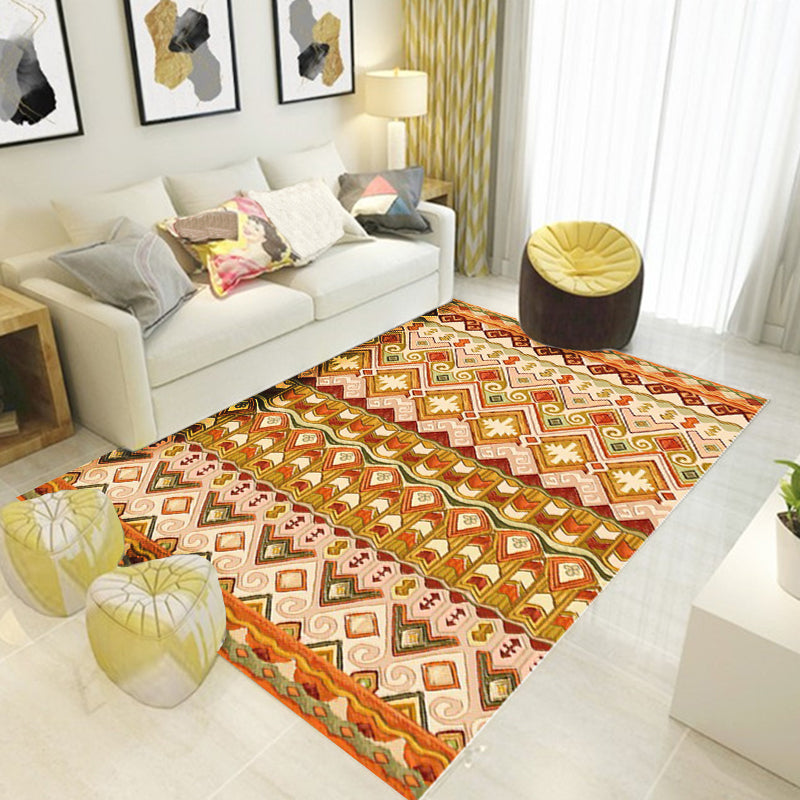 BowLift | Indian Tribal Rug Diamond Geometric with Feathers Hairband Polyester Non-Slip Back Stain Resistant Runner in Yellow