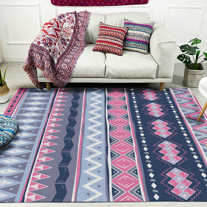 BowLift | Blue Pink Striped Geometric Rug Americana Tribal Polyester Rug Pet Friendly Stain Resistant Area Rug for Fireplace